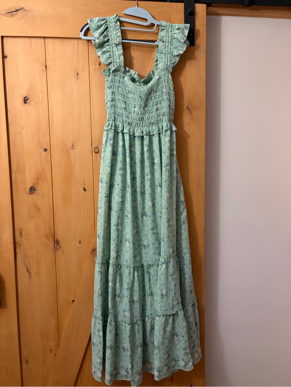 Max Studio Mint Green Smocked Ruffle Strap Floral Maxi Dress